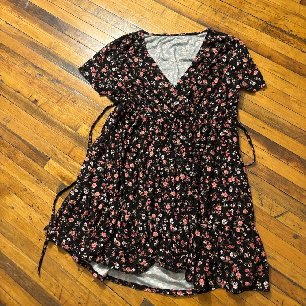 No Boundaries XL Black Floral Faux Wrap Tiered Dress